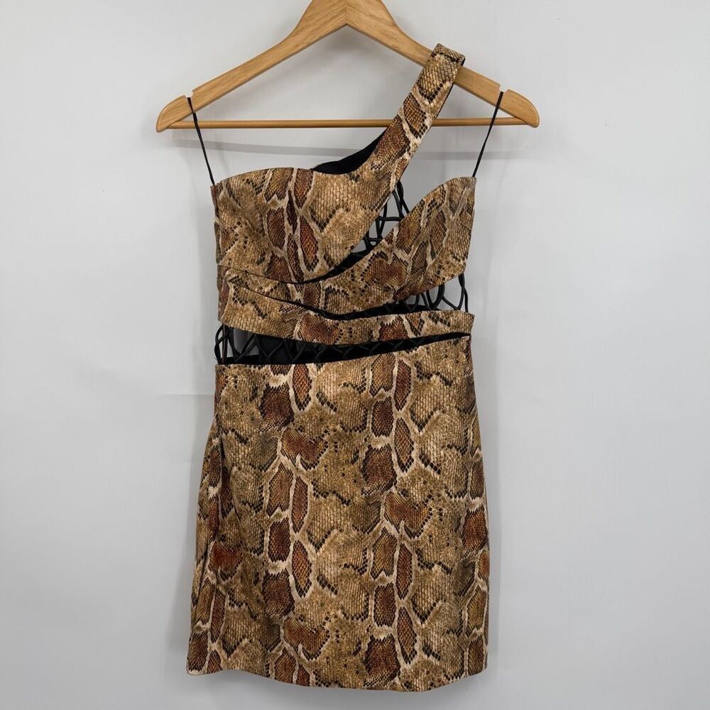 Hours Snake Print One Shoulder Cutout Bodycon Mini Dress NWT XS